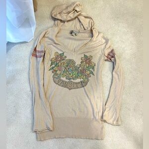 Ed Hardy Beige Graphic Hoodie with Sparkly Floral Varsity Design